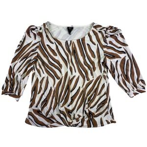 W5 Shirt Blouse Women's Small Zebra Puff Sleeve Plisse Brown White Mob Wife